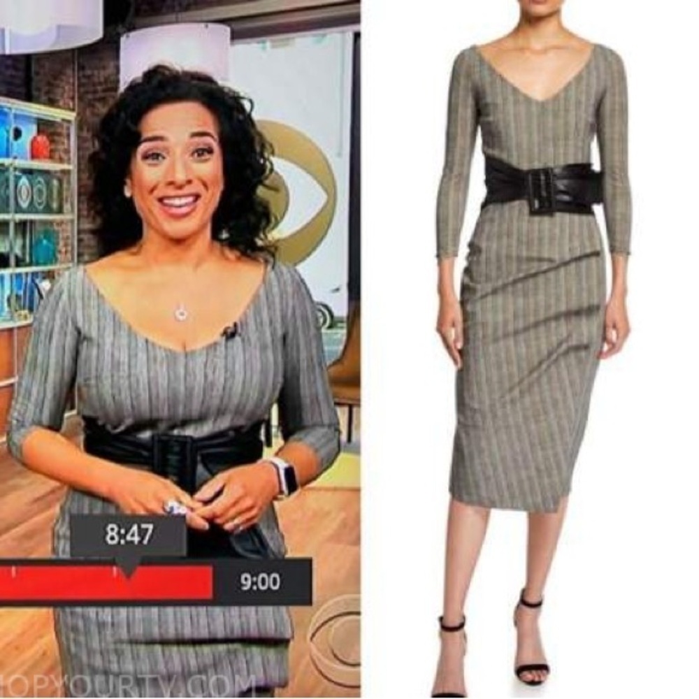 CHIARA BONI Le Petite Robe V-Neck 3/4 Sleeve Belted Herringbone Dress size 46